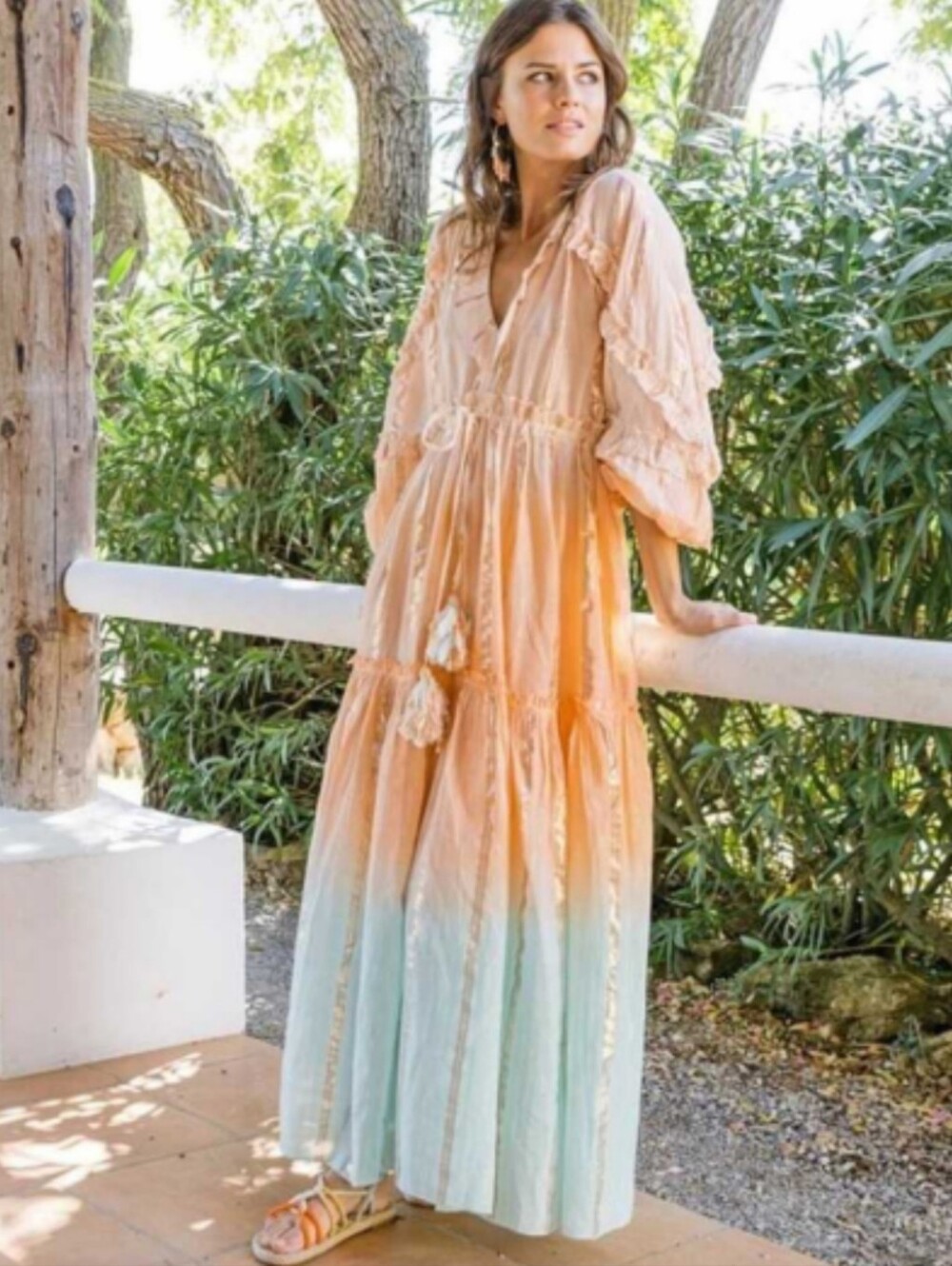 MISS JUNE 'Chelly' Ombre Ruffle Tassel Maxi Beach Dress OS